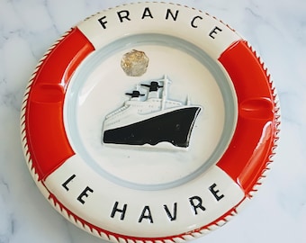 Vintage French Mid Century Le Havre Maritime Ashtray – France Bistro Barware, Mid Century Man Cave Decor