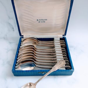 Vintage French Silver-Plated Dessert Spoons – Set of 12 in Original Box, R. Relaud Le Havre, Elegant French Flatware Gift