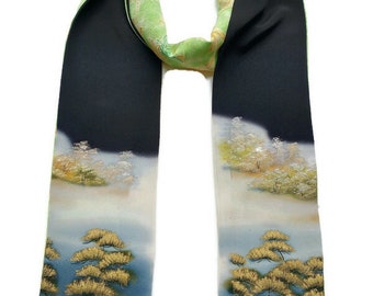 Vintage Japanese Black Tomesode Silk Kimono Scarf – Hand-Dyed Trees, Reversible Wedding Kimono Gift