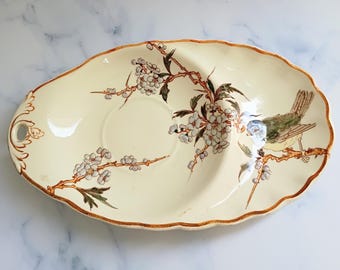 Vintage French Bird and Blossoms Hand Painted Saucer, Paris Bistro Decor