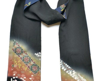 Vintage Tomesode Silk Kimono Scarf – Hand-Dyed Floral Wedding Fabric Reversible Accessory