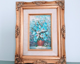 Vintage French Blue Floral Oil Painting – Petite Still Life, Gilded Frame