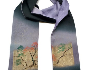 Vintage Japanese Silk Scarf – Hand-Painted Tree Design, Reversible Artist-Dyed Kimono Accessory