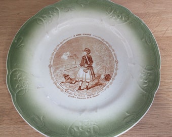 Antique French Transferware Plate, Ironstone Hunting Woman Talking Plate, Vintage Longwy Talking Plate, Antique French Tableware Decor