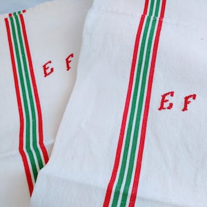 Pair Vintage French Linen Tea Towels – Red Green Stripe Hand-Embroidered “EF” Monogram, French Linen Kitchen Towels, French Kitchen Gift