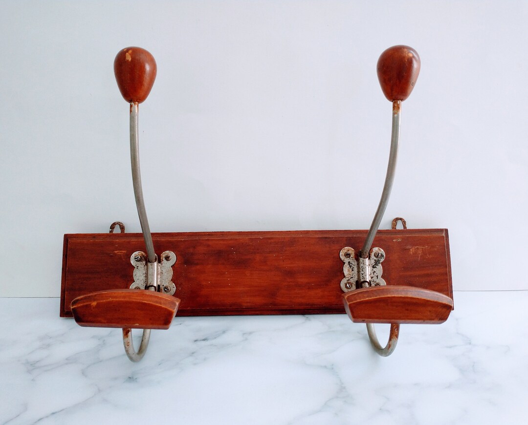 Mid Century French Vintage Metal Wood Coat Hat 2 Hooks Rack, Vintage ...