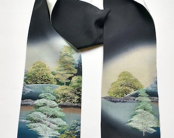 Vintage Japanese Silk Scarf – Embroidered Pine Trees, Reversible Kimono Style