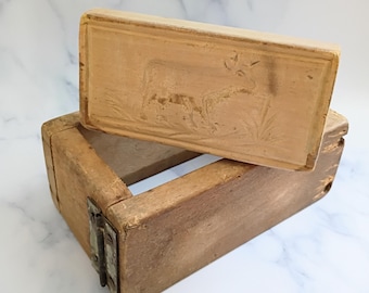 Antique French Butter Cow Mold, Hand Carved Wood, Farmhouse Kitchen Decor, Rustic Country Collectible