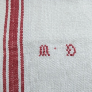 Pair Vintage French Linen Tea Towels – Red Stripe Hand-Embroidered “MD” Monogram, Rustic Farmhouse Kitchen Decor, French Kitchen Towels