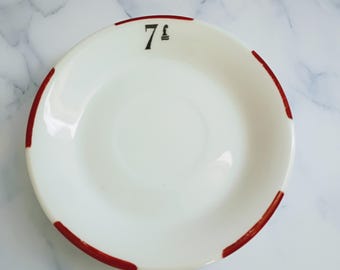 Vintage French 7 Franc Red Stripe Rim Bistro Saucer 5", Paris Cafe Decor, Tip Plate