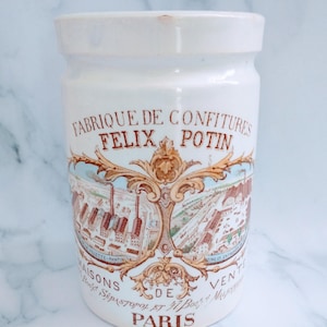 Antique French Félix Potin Jam Jar – Beautiful Paris Typography, Ironstone Confiture Pot, French Country Decor Vase or Utensil Holder