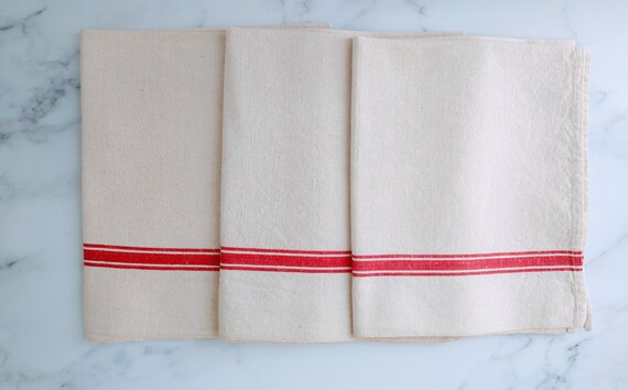 Set of French Classic Red Stripe Vintage Linen Tea Towels
