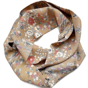 Eco Gift for Her – Taupe Floral Japanese Silk Kimono Scarf