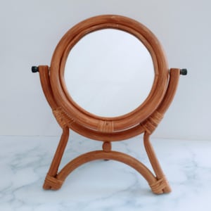 1970s French Faux Bamboo Vanity Mirror – Round Boho Chic Bamboo Mirror for Dressing Table