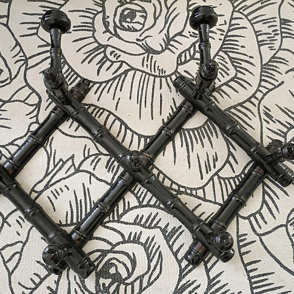 Vintage Black Painted Bamboo Accordion Coat Rack, Mid-Century Wall Hat Hook, French Country Interior Design Accent Entryway