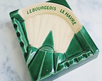 Vintage French Green Le Bourgeois Le Havre Large Ashtray – Bistro Barware, Mid Century Man Cave Decor