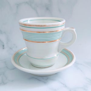 Antique French Bistro Brulot Coffee Cup Saucer – Green & Gold Ironstone Mug, French Café Gift