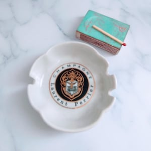 Very Petite Vintage French Laurent Perrier Ceramic Ashtray – Scalloped Edge Champagne Dish, Elegant Ring Holder or Trinket Tray