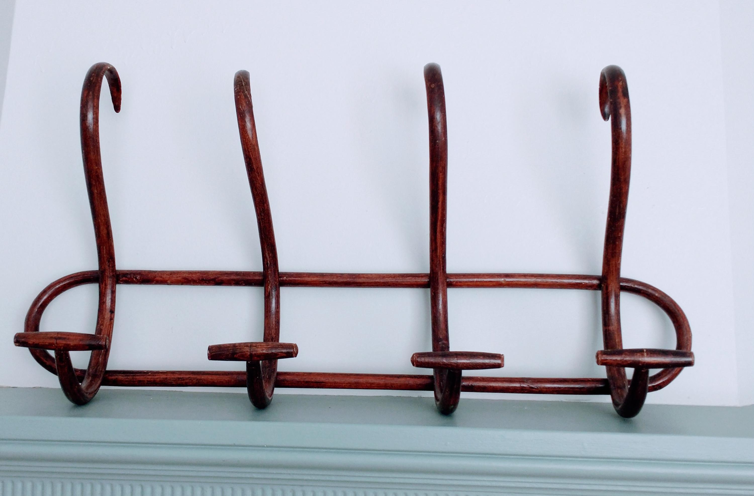 Antique Bentwood Coat & Hat Rack – 4 Hooks, Vintage French Bistro Oval Thonet Style Rack
