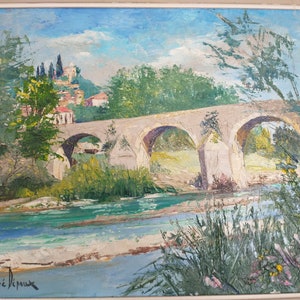 Vintage French Oil Painting – Artist Signed &quot;Le Pont&quot; Bridge, French Impressionist Country Landscape