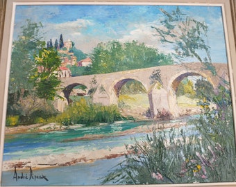 Vintage French Oil Painting, French Artist Signed "Le Pont" Bridge Oil Painting, Impressionist Style Country Landscape Canvas Painting