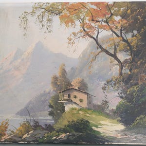 Antique French Oil Painting of a Cottage Home with Mountains & Lake – Bucolic Landscape on Canvas, Vintage Wall Art