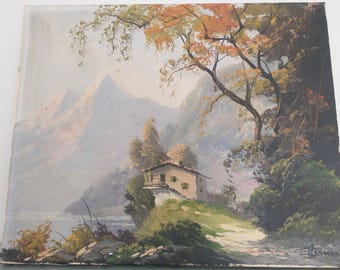 Antique French Oil Painting – Signed Cottage Landscape on Canvas, Vintage Wall Art