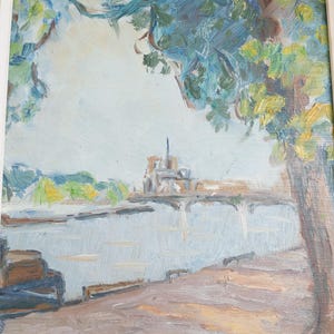Vintage French Oil Painting of Notre Dame Cathedral – Framed Paris Seine Impressionist Wall Art, French Home Decor