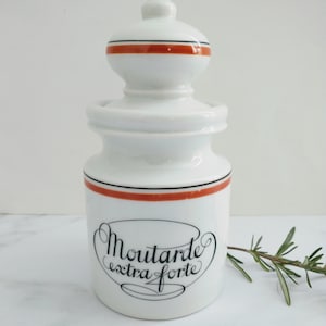 French Vintage Mustard Porcelain Jar Pot – Lovely Red Stripe Porcelain Kitchen Jar with Lid