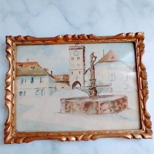 Vintage Petite French Village Water Fountain Painting – Gold Framed French Art, Vintage Gallery Wall Art, French Gift