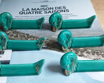 Six French Vintage Porcelain Duck Knife Rests, 6 Vintage French Turquoise Blue Duck Knife Rests, Vintage Ceramic French Table Setting