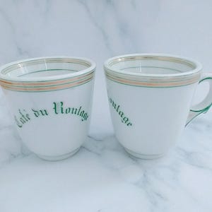 One Antique French Bistro Brulot Café Du Roulage Cup – Green & Gold Ironstone Coffee Mug, Paris Cafe Gift