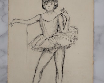 Vintage French Charcoal Drawing of a Ballerina, French Vintage Charcoal Art, Mid Century Art, 1960's