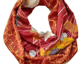 Red Orange Silk Kimono Scarf – Japanese Floral Print Infinity Wrap