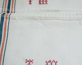 Pair Vintage French Linen Blend Stripe Tea Towels,  "TM" Monogram, Embroidered Farmhouse Kitchen Decor