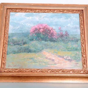Large French Country Landscape Oil Painting – Pink Tree in Countryside, Artist Signed Oil on Canvas, Bucolic French Country Art