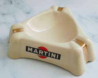 Vintage French Martini Cream & Gold Ashtray – Paris Bistro, Mid Century Bar Decor, Retro Barware