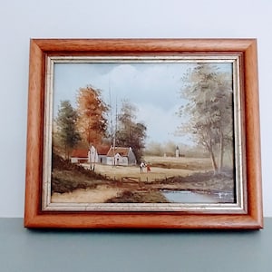 Vintage French Country Landscape Oil Painting – Antique Farm Scene, Bucolic Barbizon Style Art