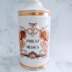 Large Pretty Vintage French &quot;Smilax Medica&quot; Apothecary Jar Pot