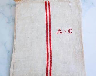 Vintage French Linen Kitchen Tea Towel, Red Stripe AC Embroidered Monogram, Farmhouse Home Decor