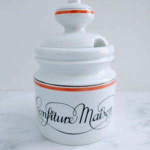 Vintage French Porcelain Jam Jar – “Confiture Maison” Red Stripe Kitchen Pot with Lid, Chef Gift