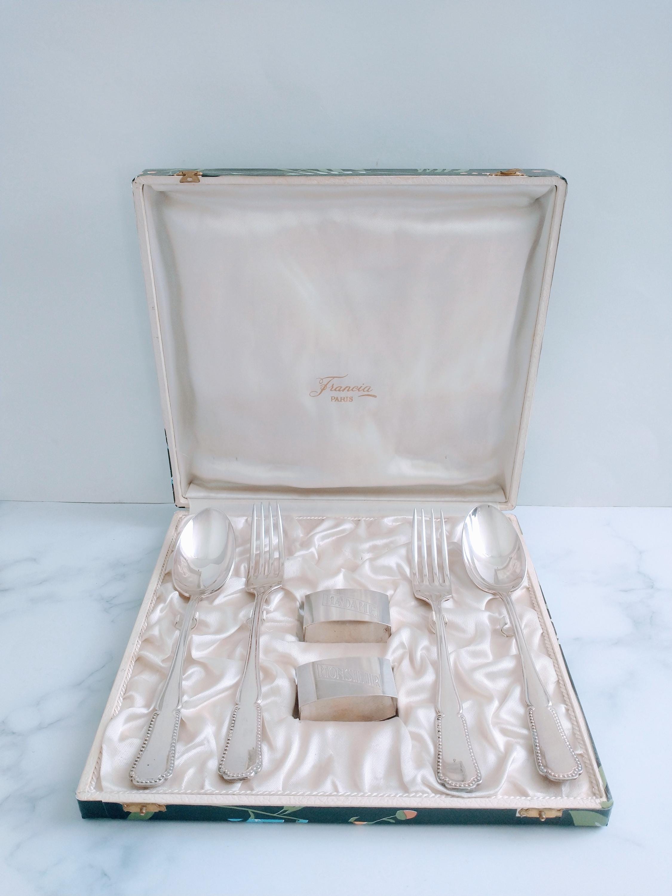 French Silver Plated Spoon Fork Gift Set with Monsieur & Madame Napkin Rings – Vintage Wedding or Engagement Gift from Paris