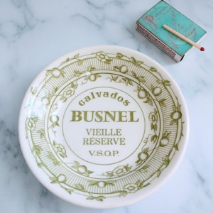Petite French Gien Calvados Busnel Ashtray – Vintage Green Ceramic Bistro Ashtray, Retro French Barware, Advertising Decor Gift