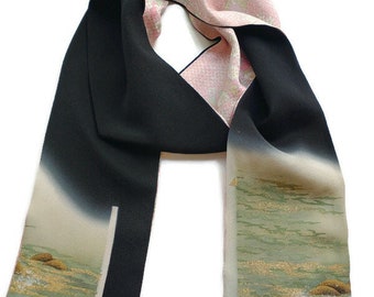 Vintage Tomesode Kimono Scarf – Reversible Hand-Painted Silk, Japanese Wedding Art