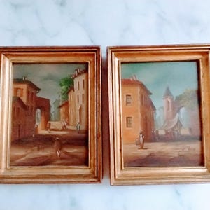 Pair of Vintage French Oil Paintings – Village Life, 2 Gold Framed French Art, Signed Artist Vintage Wall Gallery Art