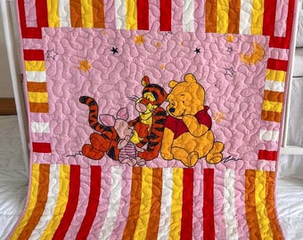 Handmade Baby Quilt 46.5 x 39.5 in, Pink Yellow Crib Quilt, Colorful Nursery Blanket, Quilted Toddler Blanket, Ready to Ship