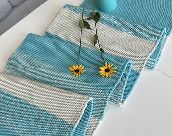 Handgewebter Tischläufer aus Baumwolle, 34 x 170 cm, türkis-weiß, im Landhausstil, modern gewebter Tischläufer
