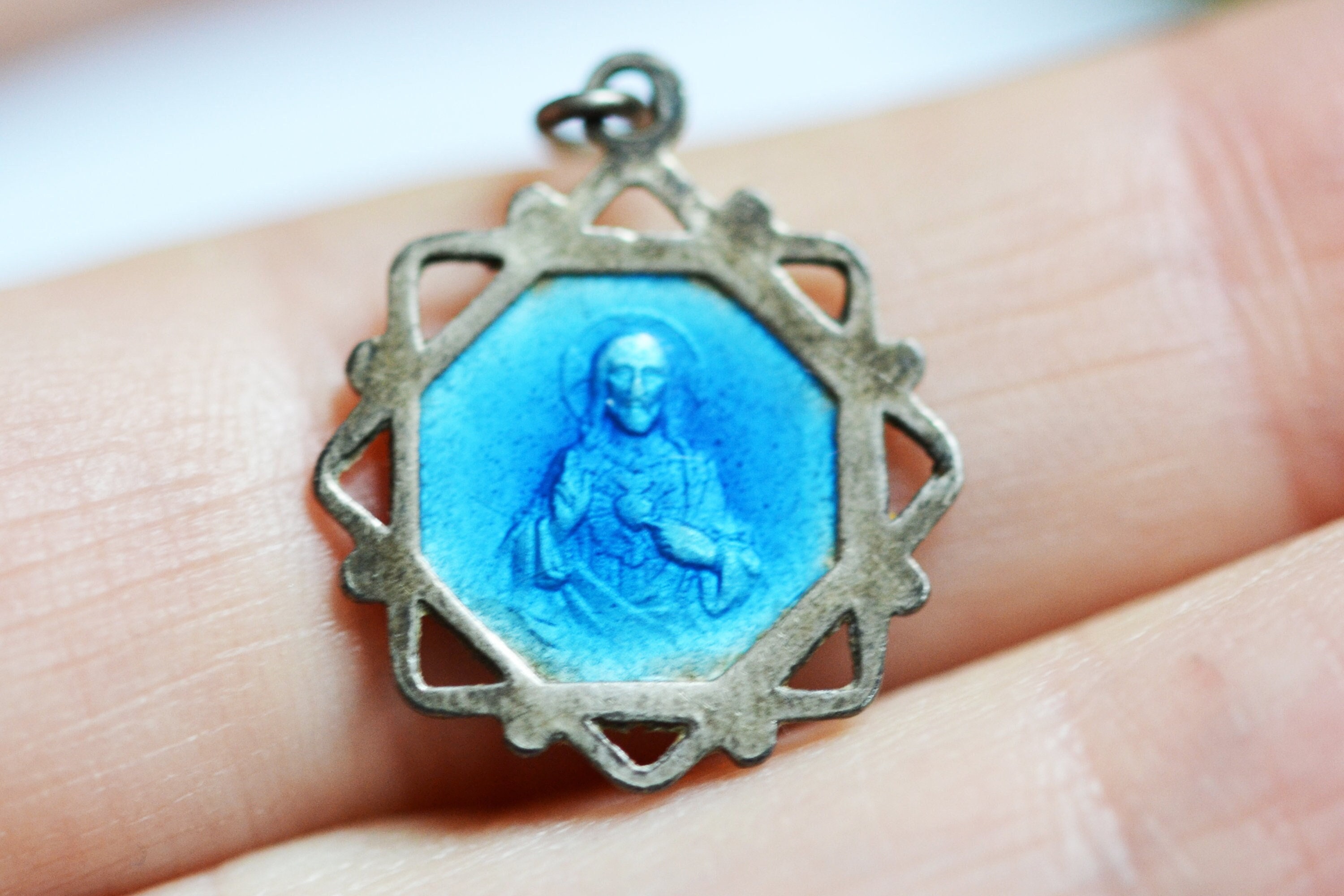 Rare, Médaille Ancienne, Émail Bleu, Émaillé, France, Jésus Christ, Marie