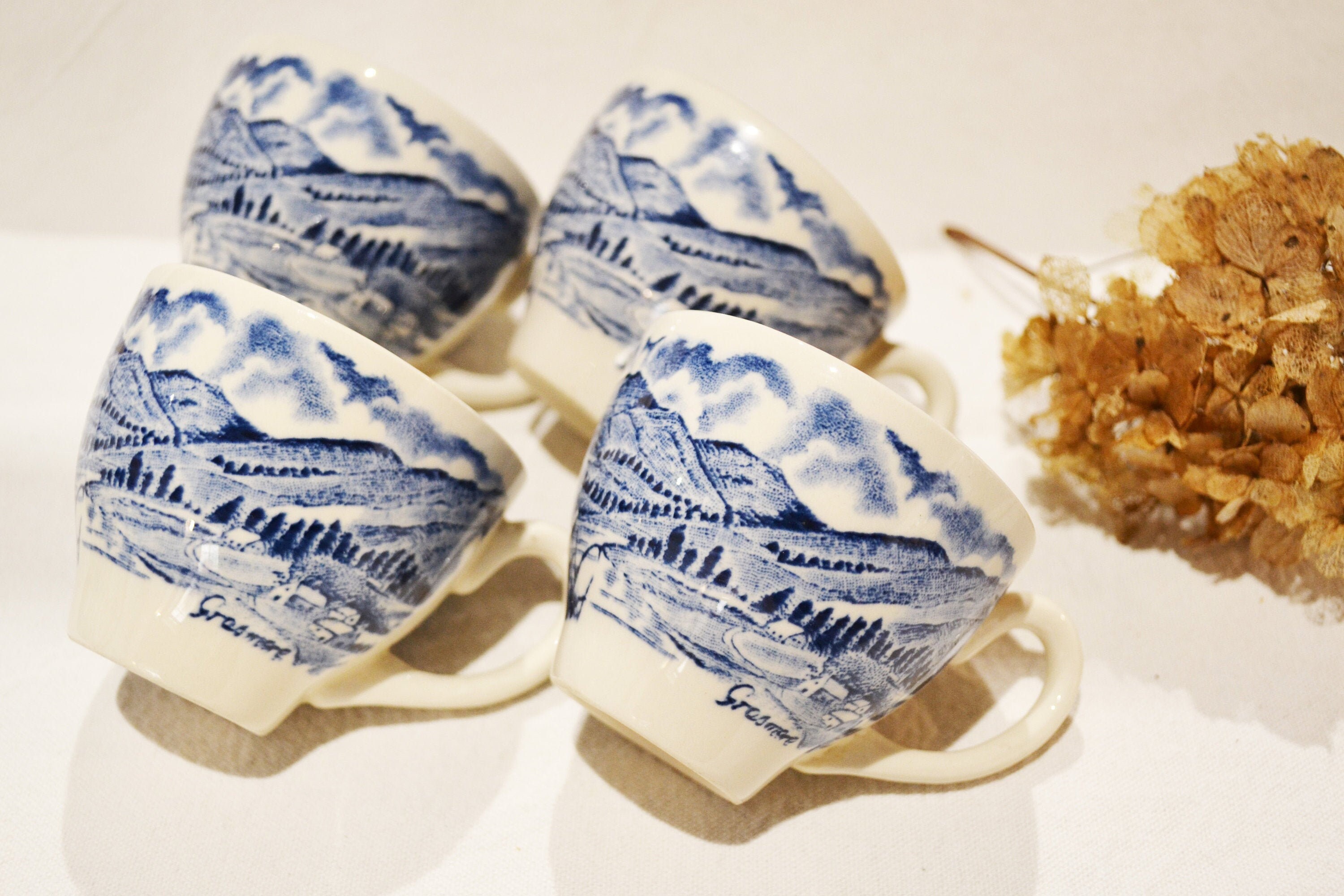 4 Tasses à Café Vintage, Soucoupe Eit, Made in England, Bleu, Cuisine Déco