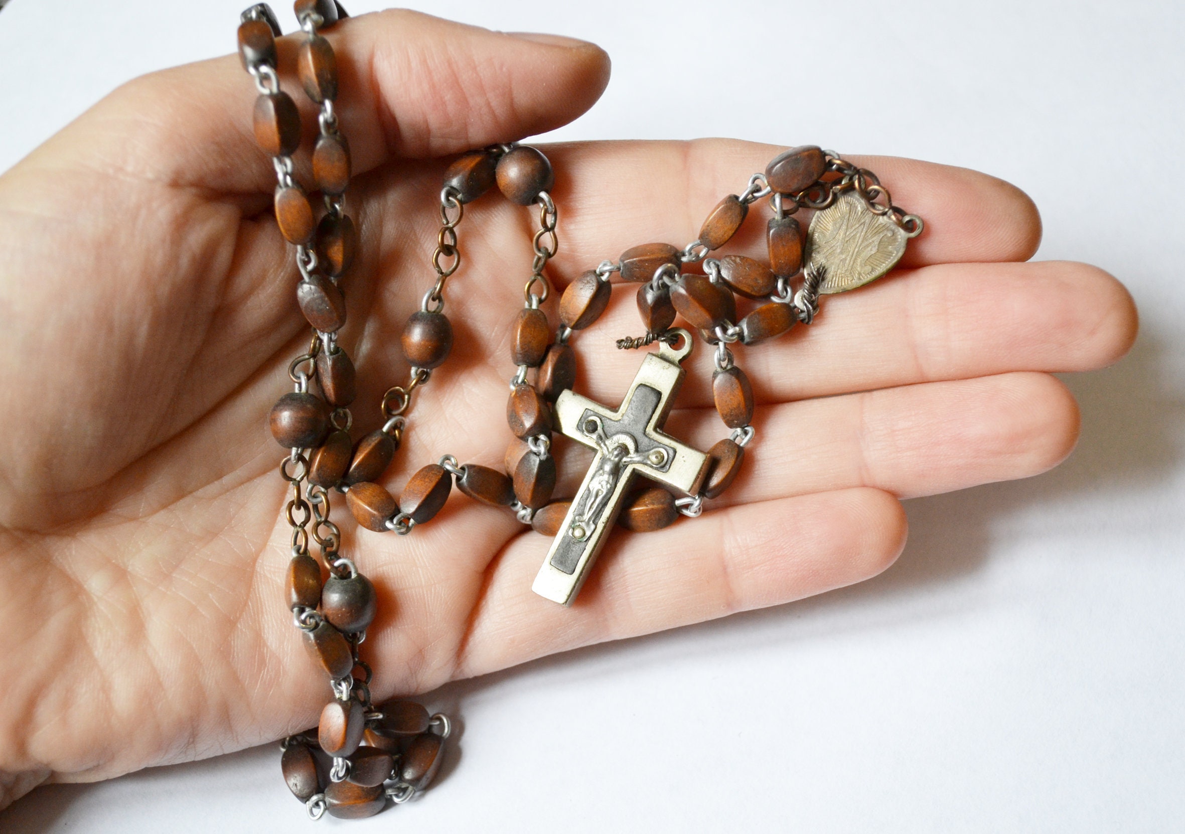 Ancien, Chapelet Vintage, Bois Patiné, Perles Bois, Rondes, Collier Religieux, Cadeau, Baptême, Comm